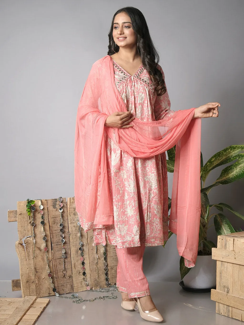 Ekisha's women printed pink floral designer cotton kurta and pant set with dupatta