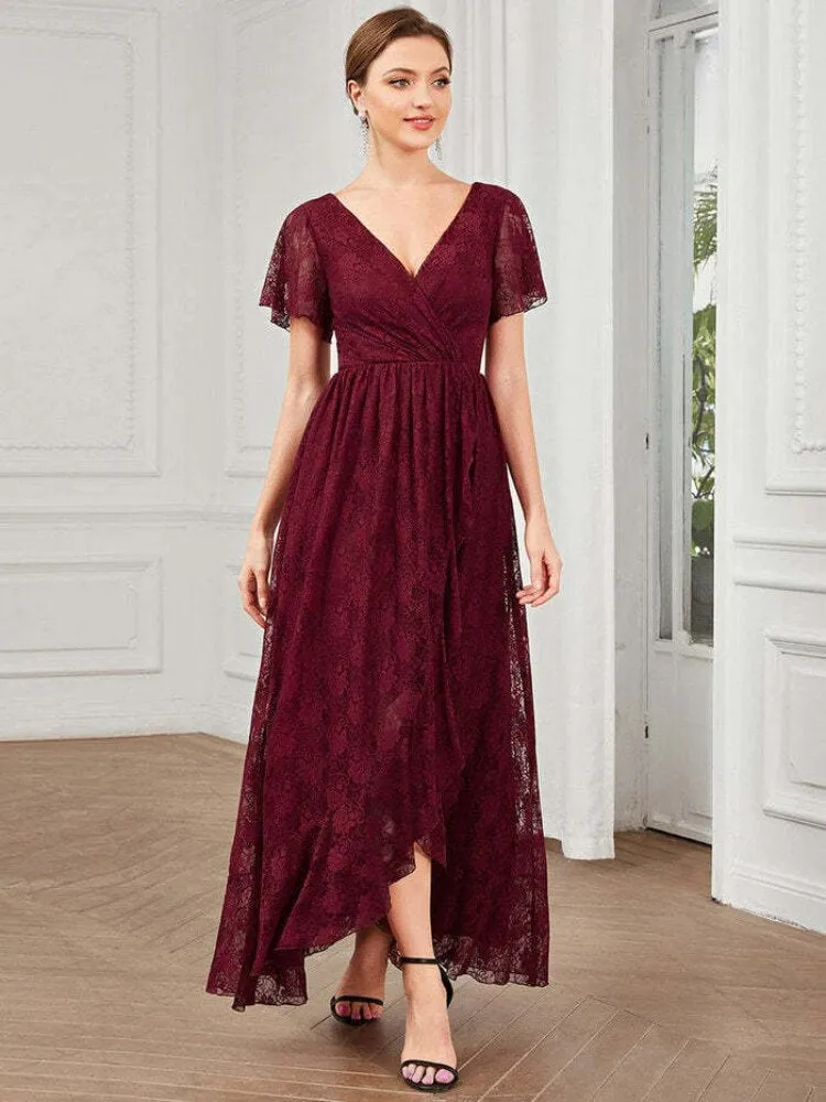 Elegant Party Dresses for Women 2023 New Lace Short Sleeve V-neck Evening Dress Irregular Wavy Dress Oversized Female Clothing