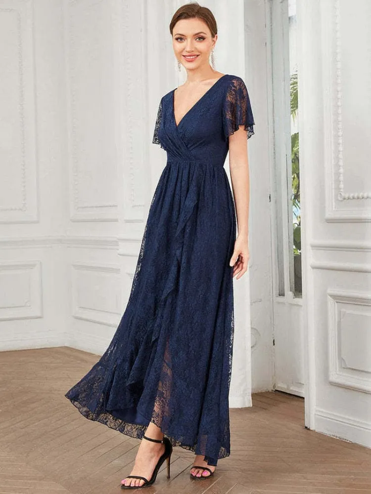 Elegant Party Dresses for Women 2023 New Lace Short Sleeve V-neck Evening Dress Irregular Wavy Dress Oversized Female Clothing