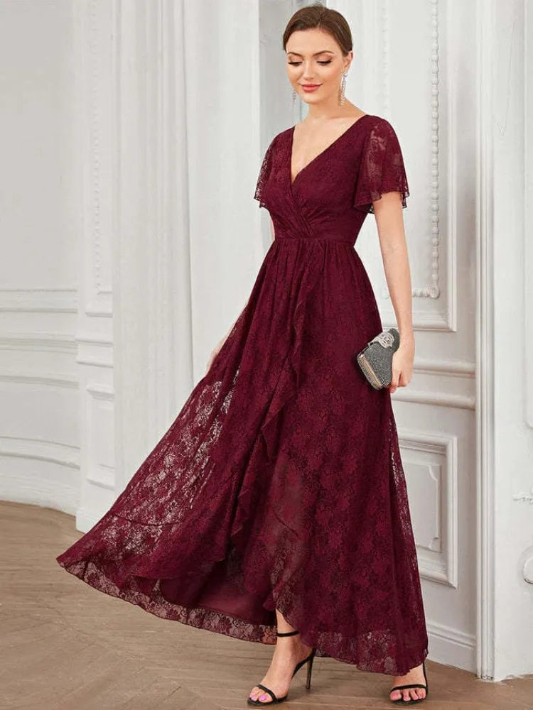 Elegant Party Dresses for Women 2023 New Lace Short Sleeve V-neck Evening Dress Irregular Wavy Dress Oversized Female Clothing