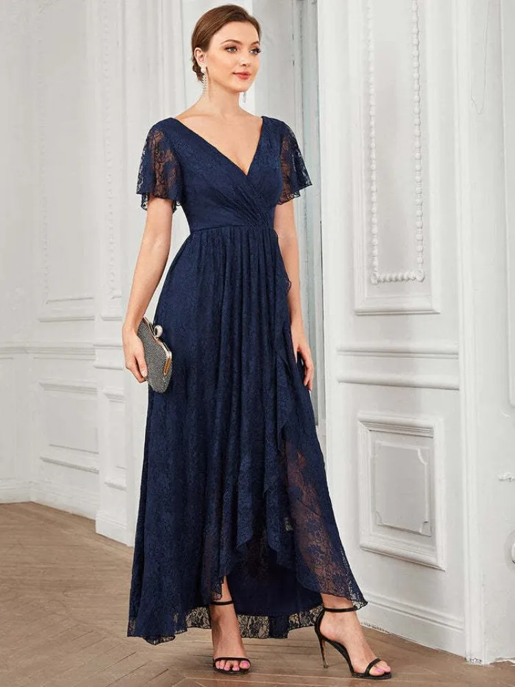 Elegant Party Dresses for Women 2023 New Lace Short Sleeve V-neck Evening Dress Irregular Wavy Dress Oversized Female Clothing