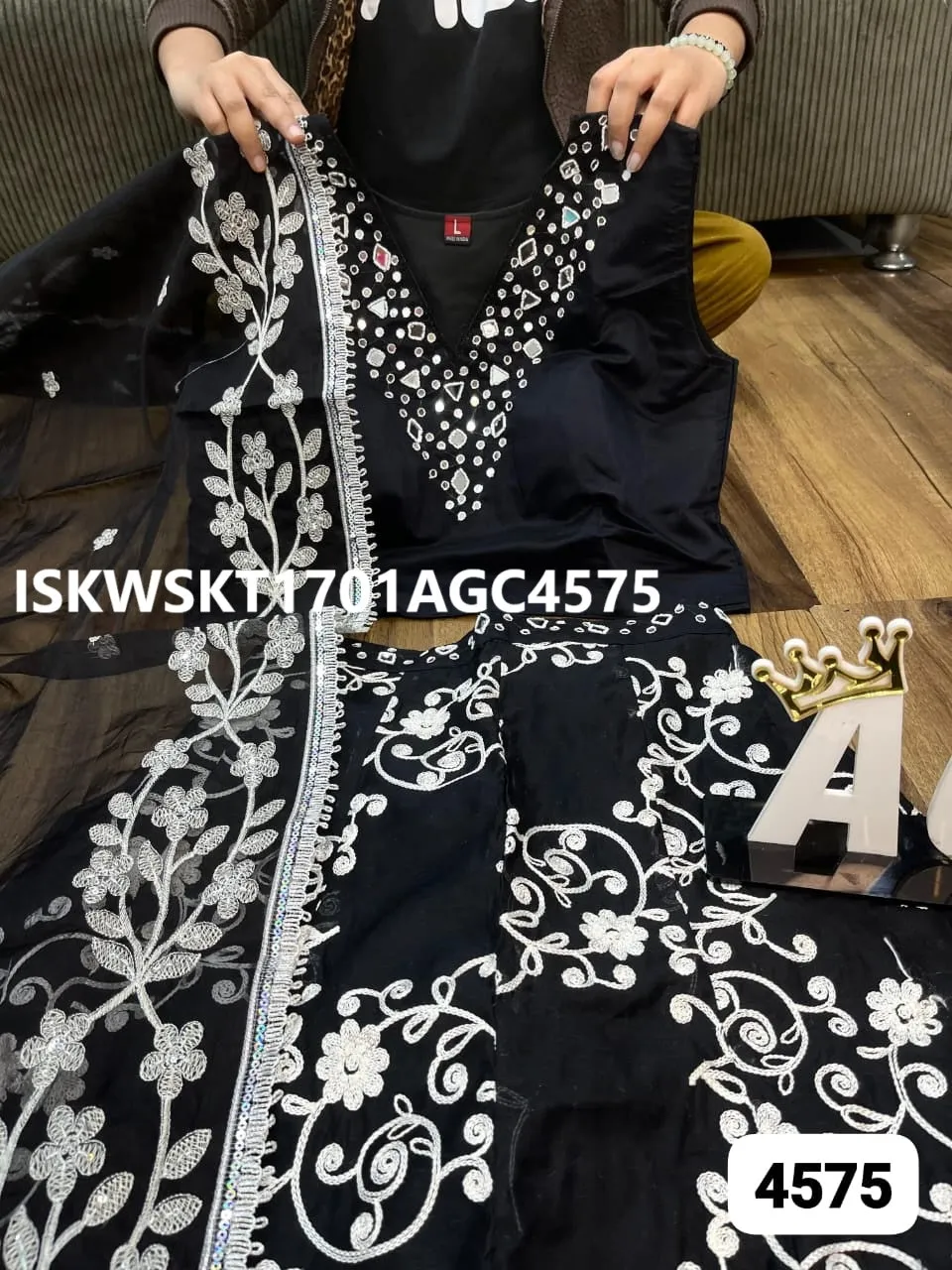 Embroidered Silk Skirt With Top And Organza Dupatta-ISKWSKT1701AGC4575