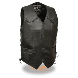 Event Leather EL1314GO Classic Black Braided Motorcycle Leather Vest for Men - Riding Club Adult Motorcycle Vests