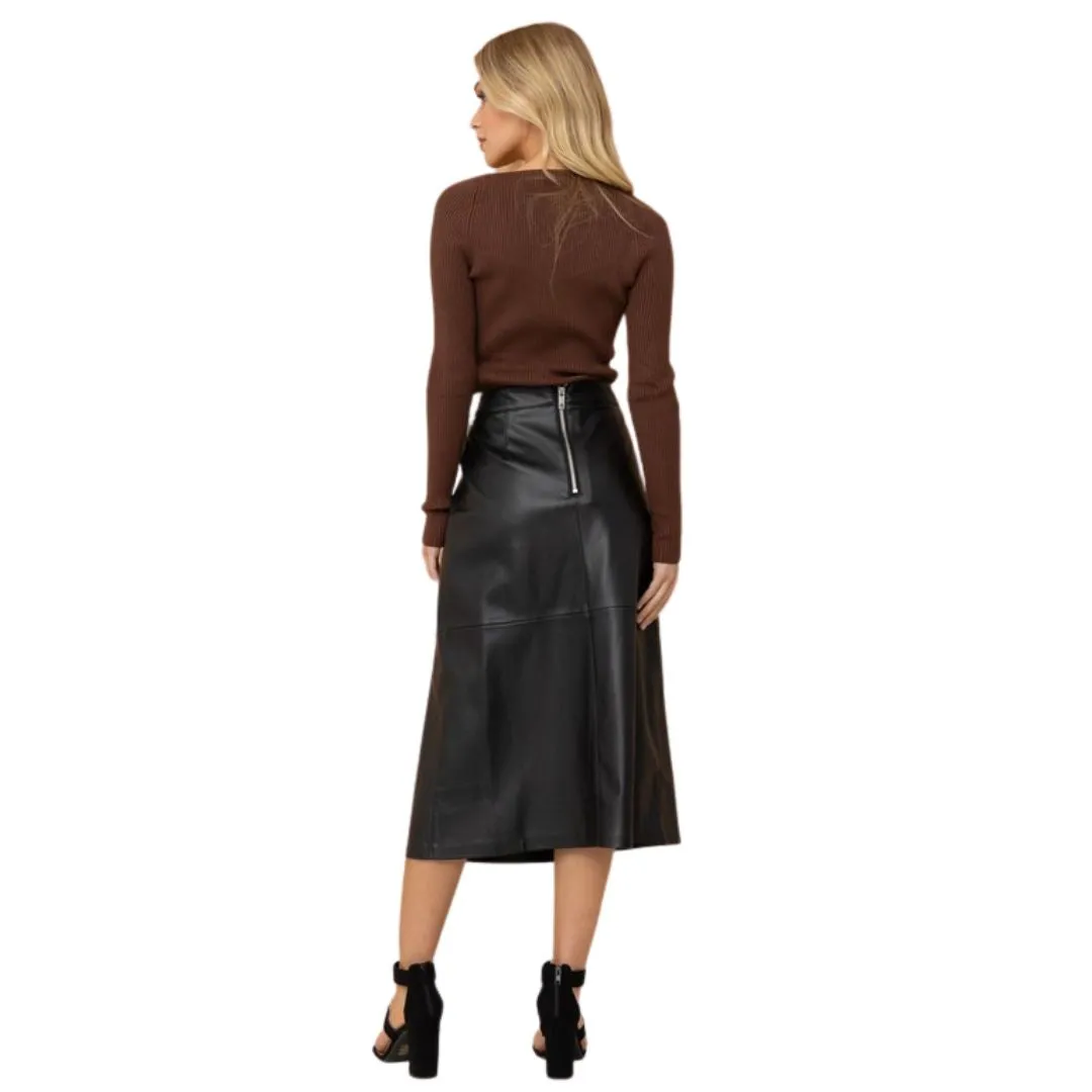 Faux Leather Side Slit Line Midi Skirt (Black)