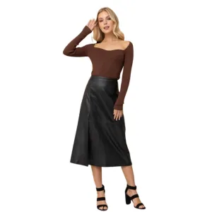 Faux Leather Side Slit Line Midi Skirt (Black)