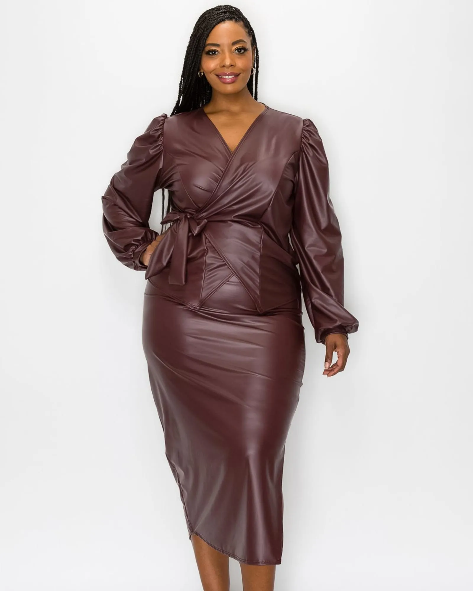 Faux Leather Wrap Top and Slit Skirt Set | Burgundy Faux Leather