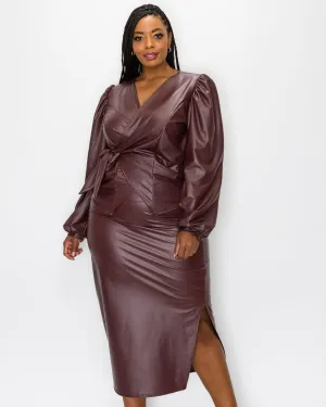 Faux Leather Wrap Top and Slit Skirt Set | Burgundy Faux Leather