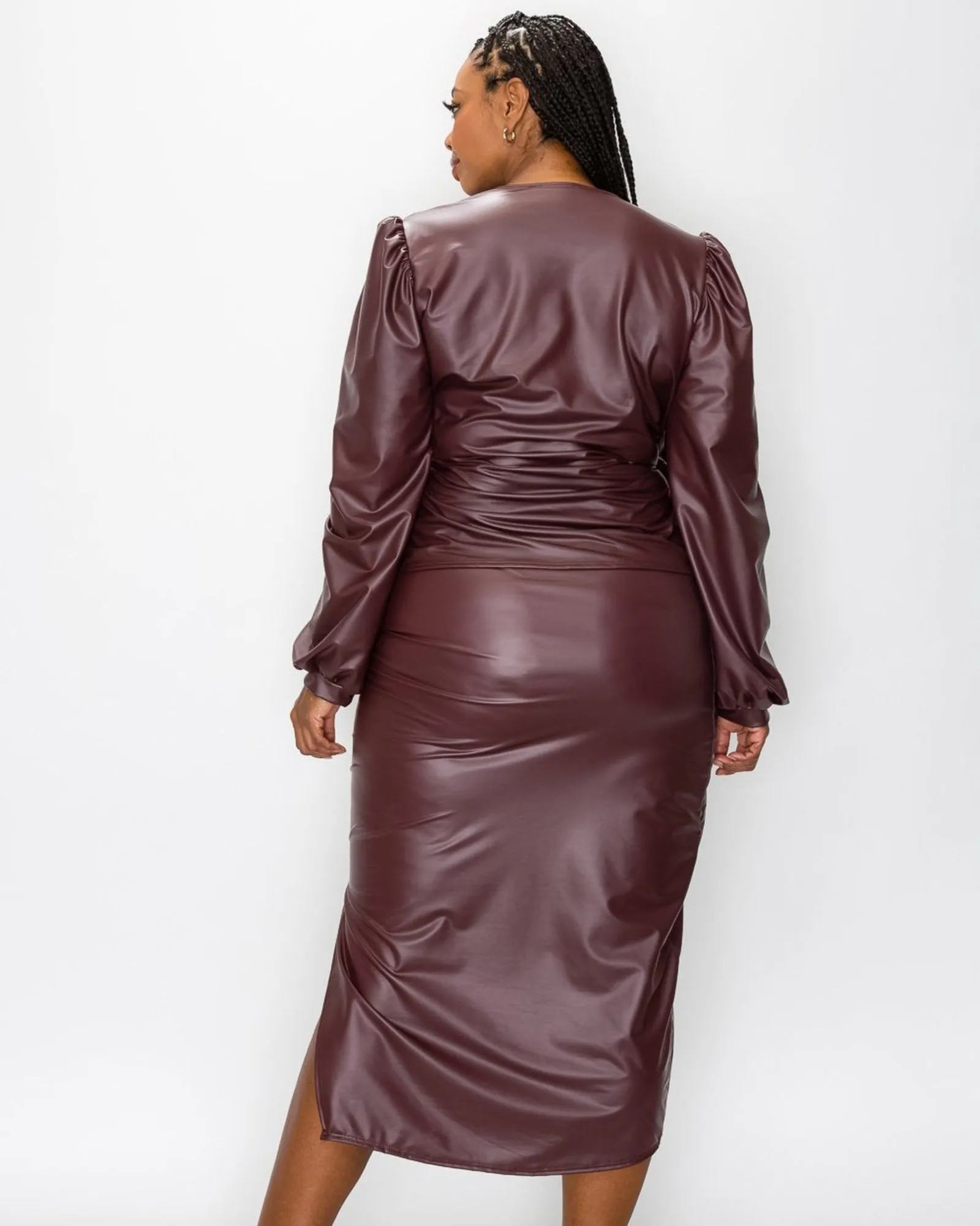 Faux Leather Wrap Top and Slit Skirt Set | Burgundy Faux Leather