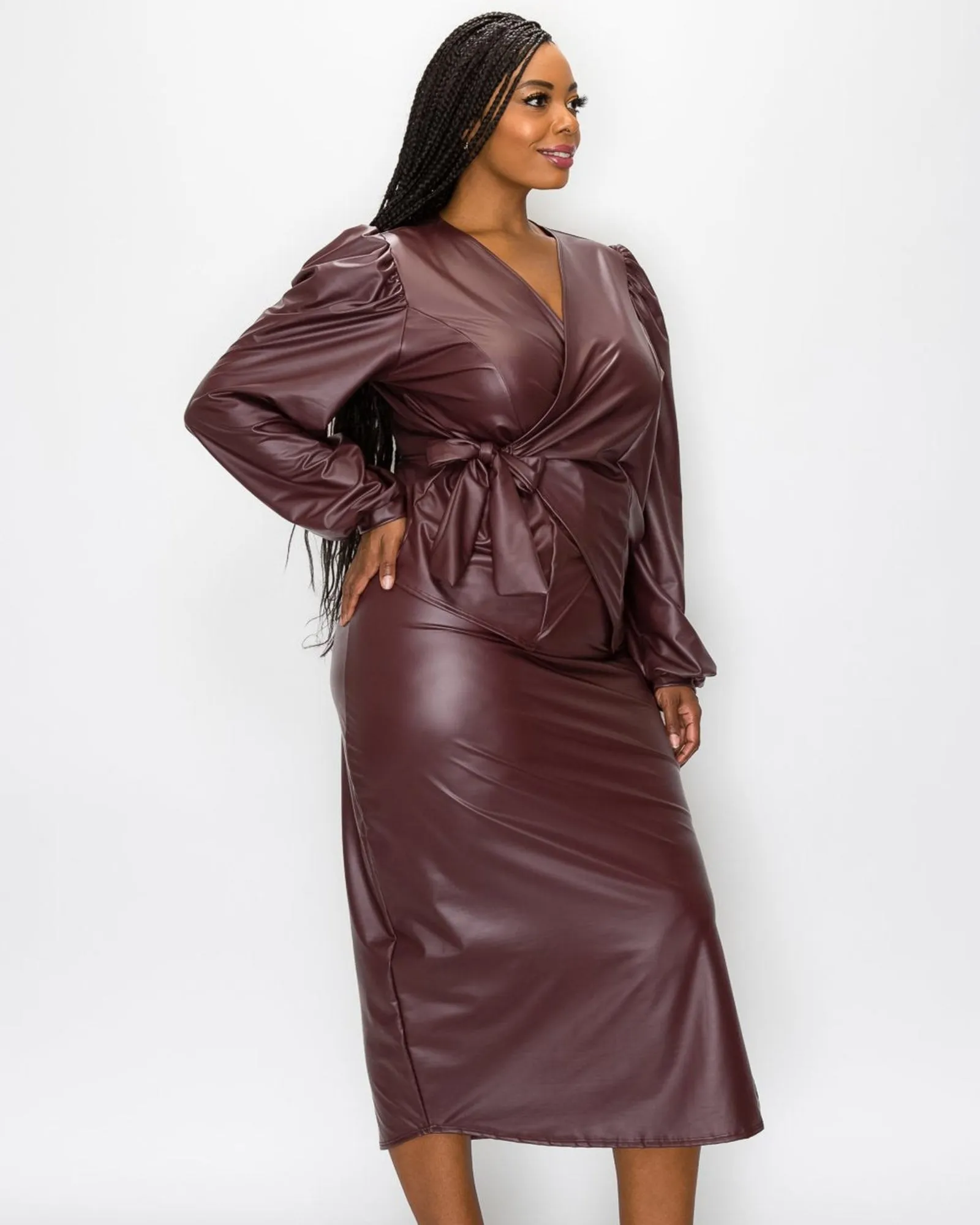 Faux Leather Wrap Top and Slit Skirt Set | Burgundy Faux Leather