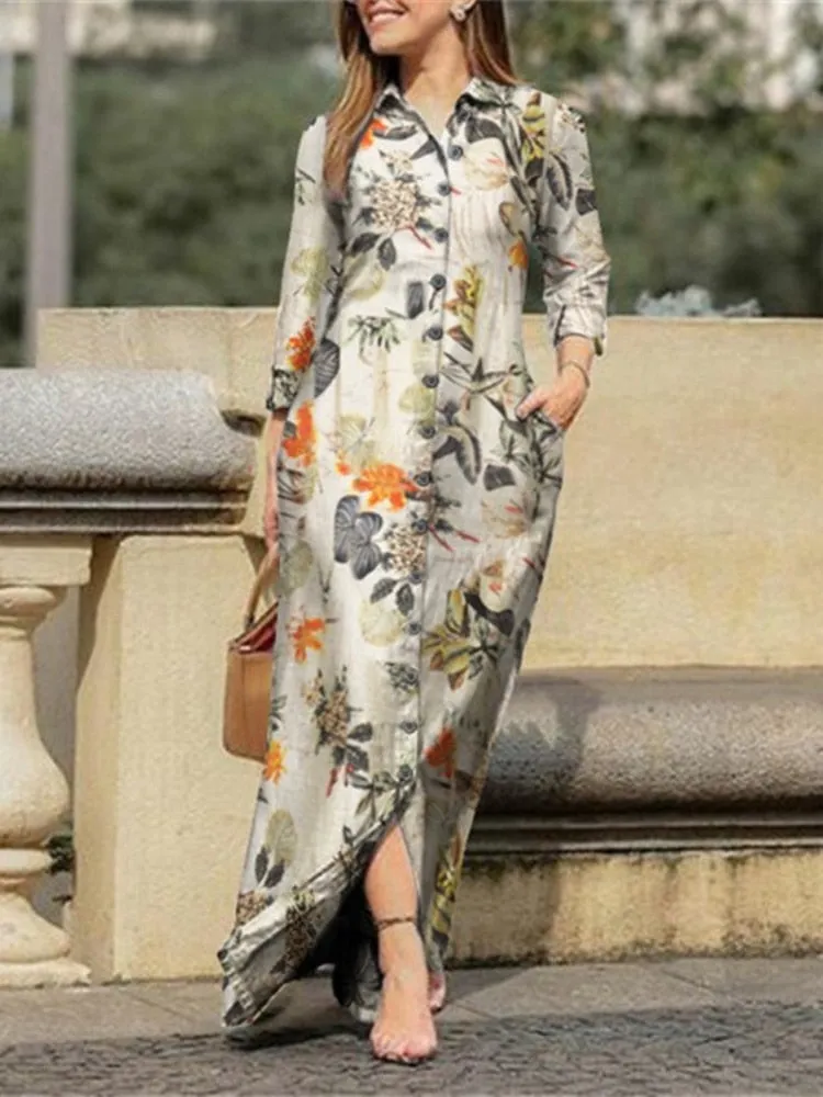 Female Dress Spring Summer 2023 New Fashion Printed Lapel Dress Oversized Loose Long Dresses Leisure Holiday Woman Clothing