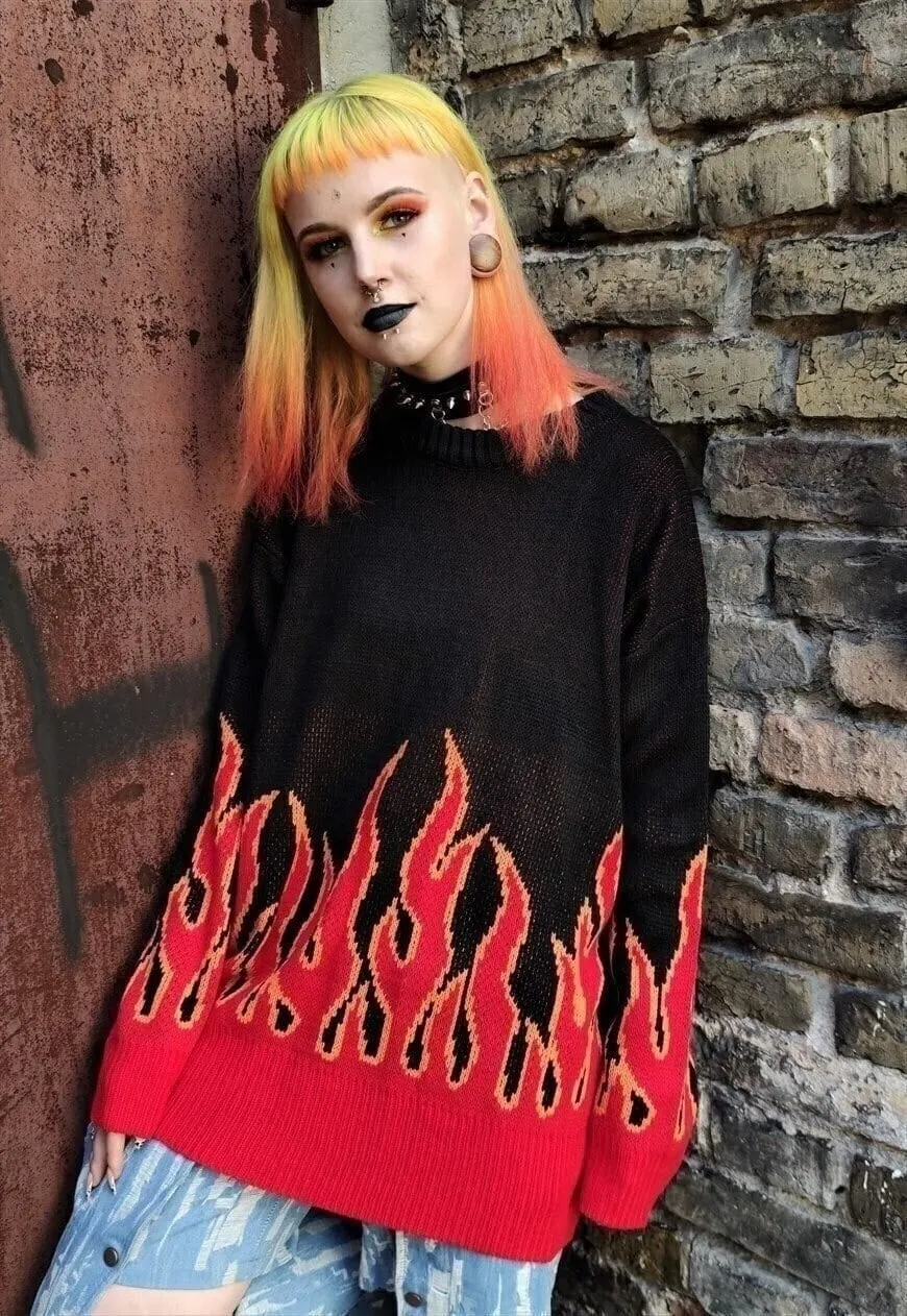 Flame knitted sweater red fire boxy fit knitwear jumper red