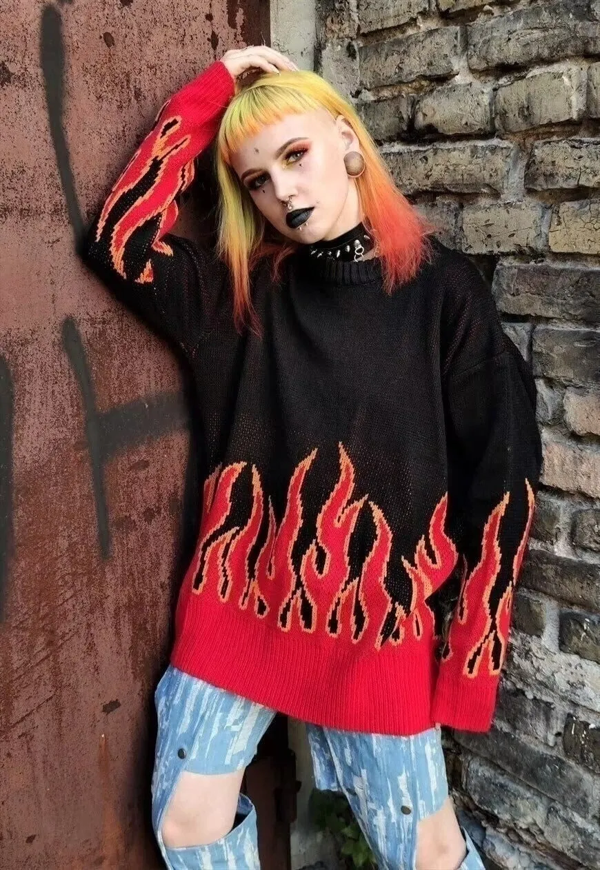 Flame knitted sweater red fire boxy fit knitwear jumper red