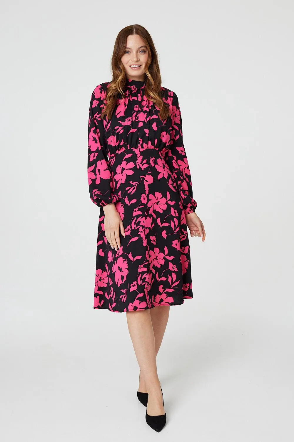 Floral Ruched Front Midi Dress