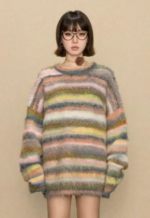 Fluffy striped sweater rainbow knit multi colour soft jumper