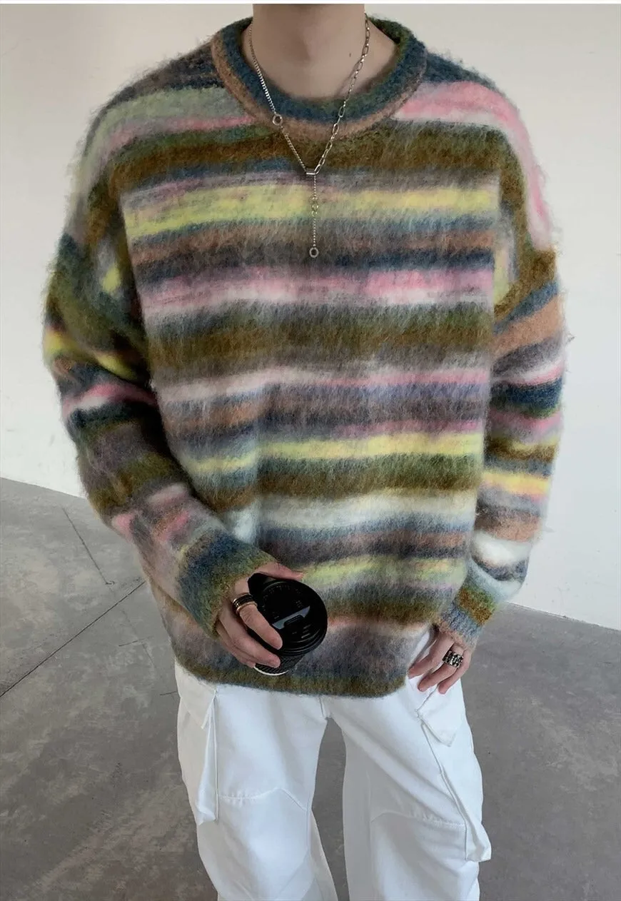 Fluffy striped sweater rainbow knit multi colour soft jumper