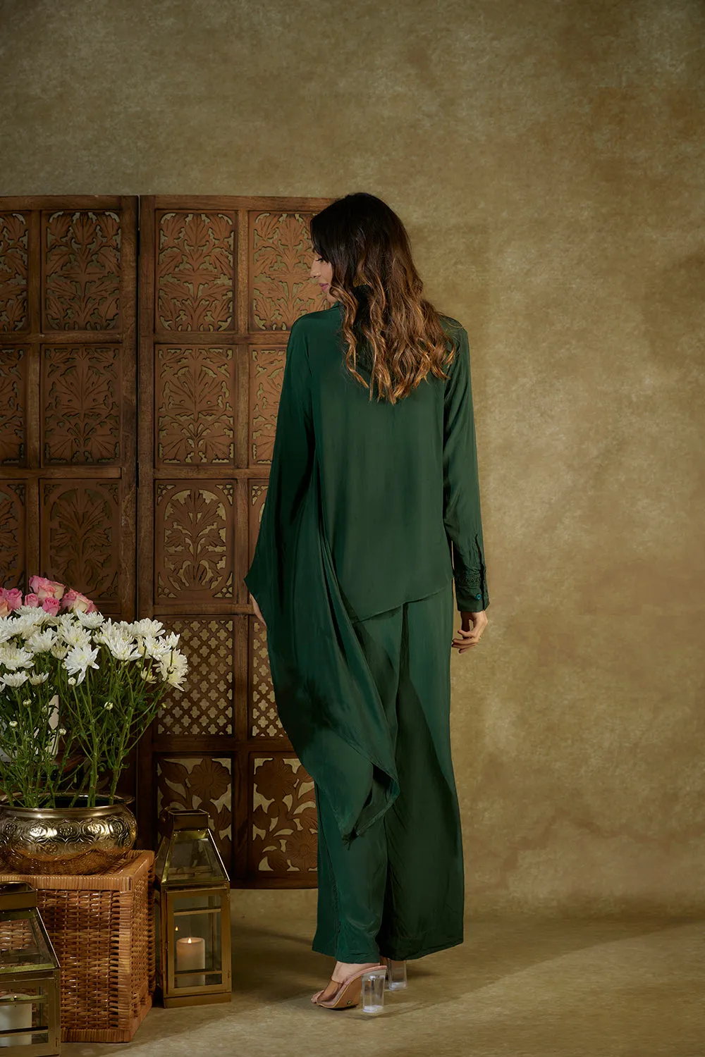 Forest Green Embroidered One Side Kaftan Sleeves Shirt And Pants Set