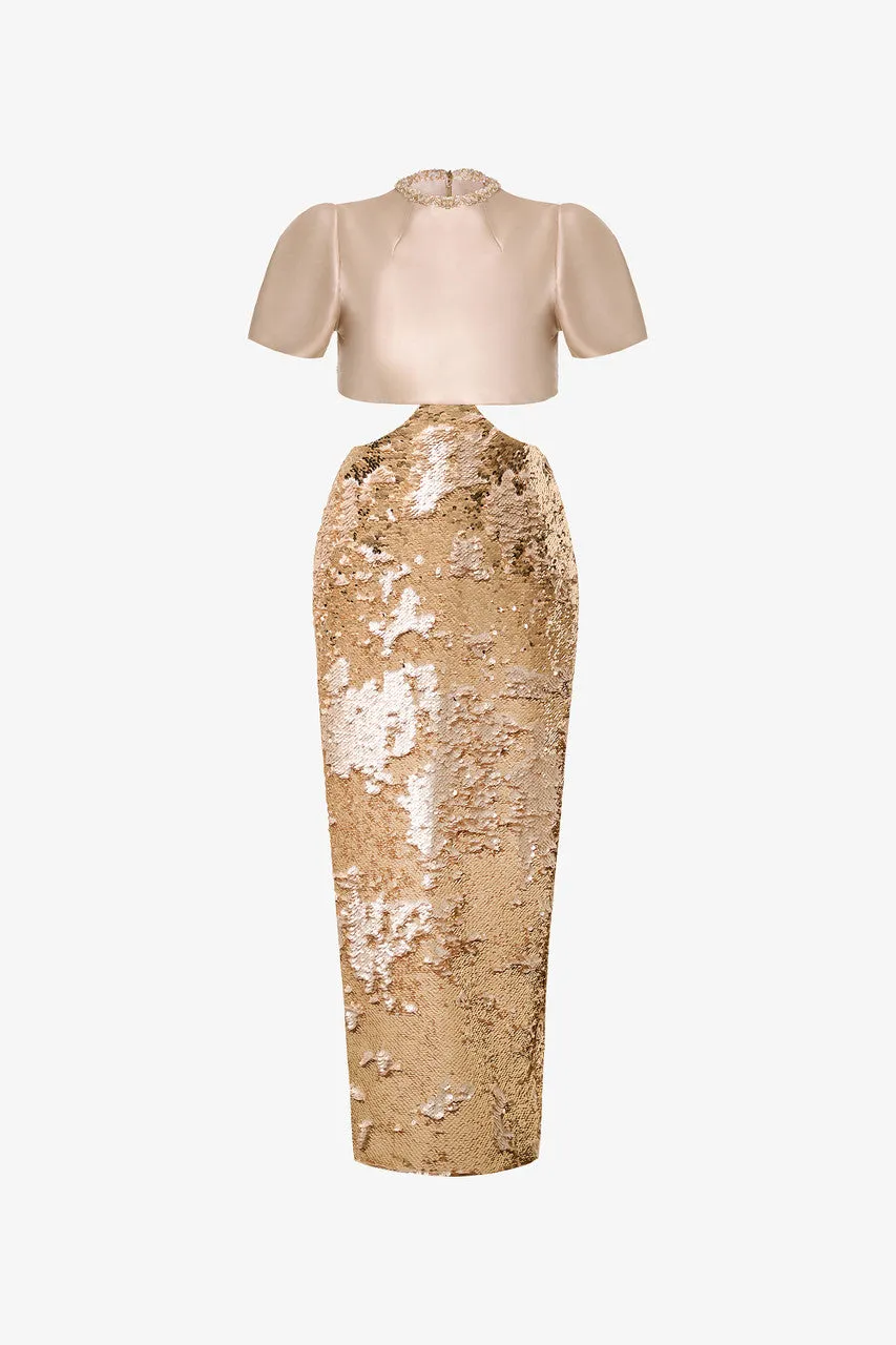 Gold Sequin Silk Crop Top & Midi Skirt Set