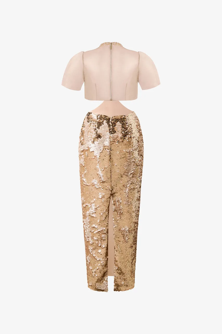 Gold Sequin Silk Crop Top & Midi Skirt Set