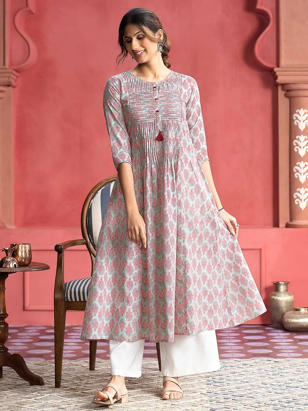 Green Ethnic Floral Printed Pin Tuck A-Line Kurta