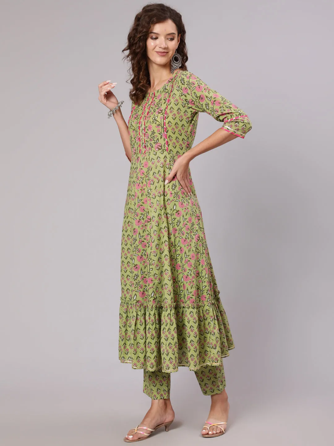 Green Ethnic Printed Gota Embellished Anarkali Suit With Pants And Tie And Dye Dupatta