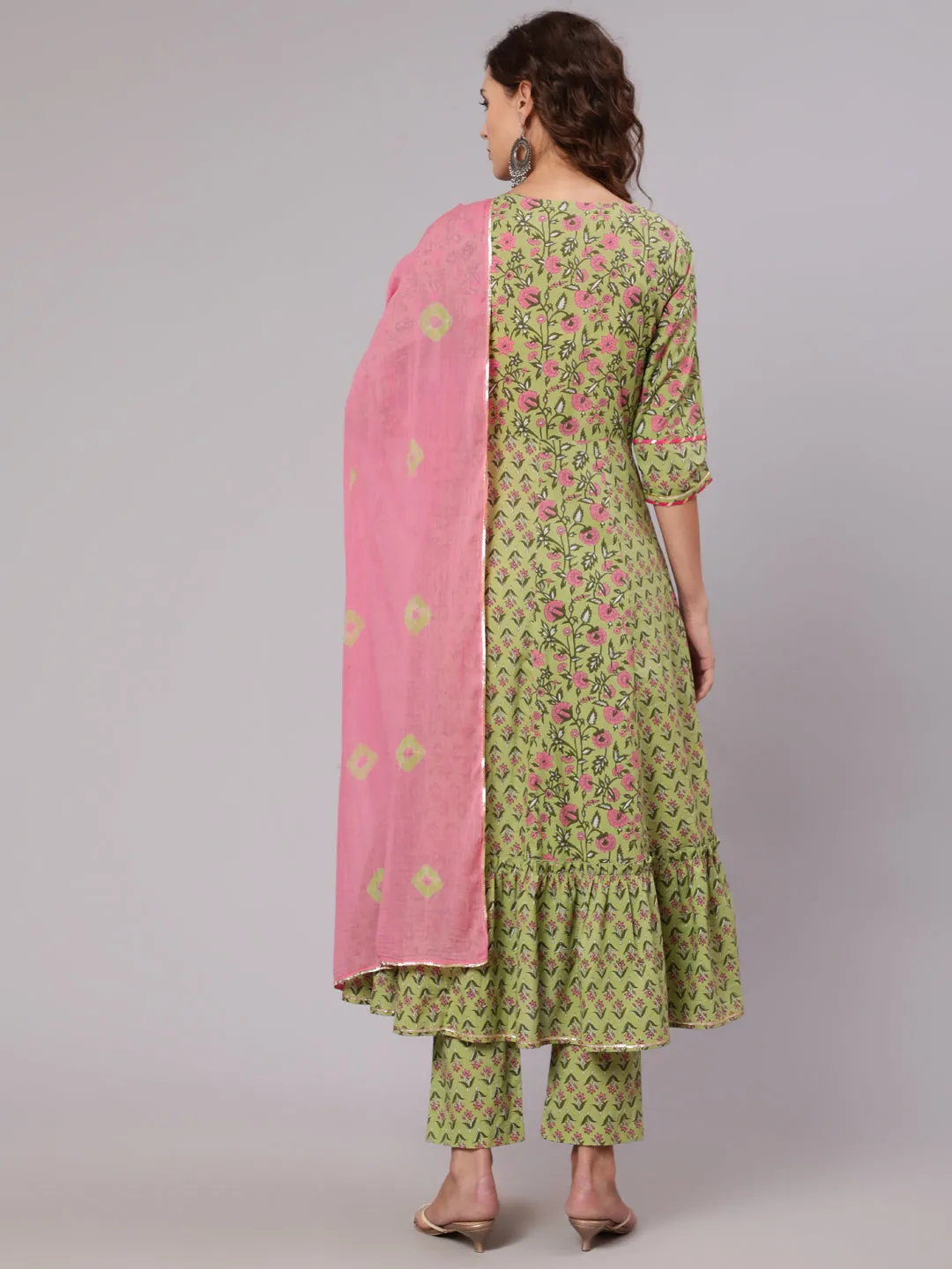 Green Ethnic Printed Gota Embellished Anarkali Suit With Pants And Tie And Dye Dupatta