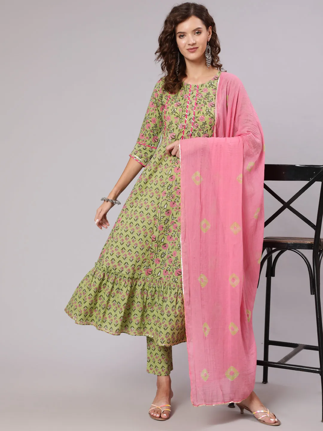 Green Ethnic Printed Gota Embellished Anarkali Suit With Pants And Tie And Dye Dupatta