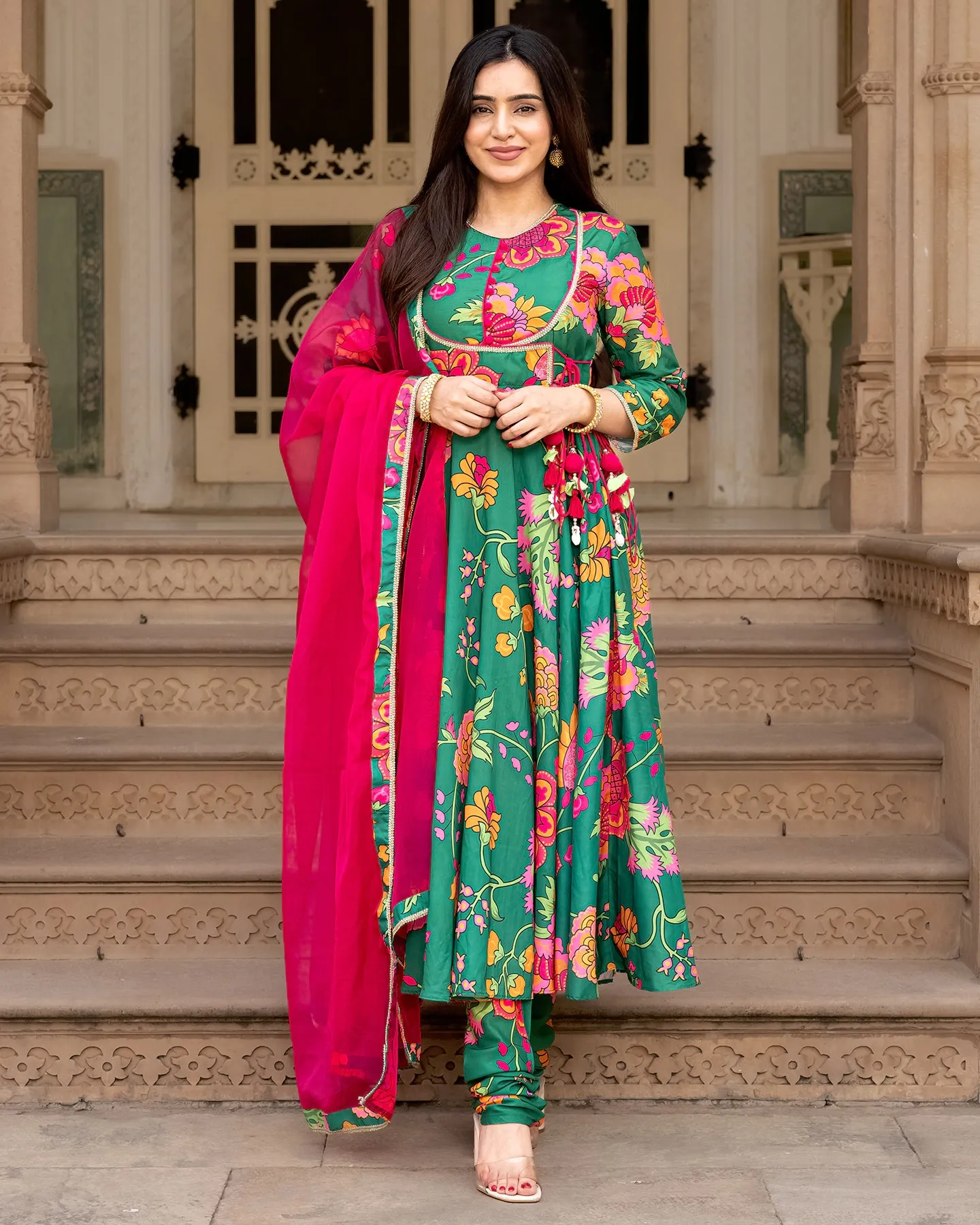 Green Floral Anarkali Suit-set