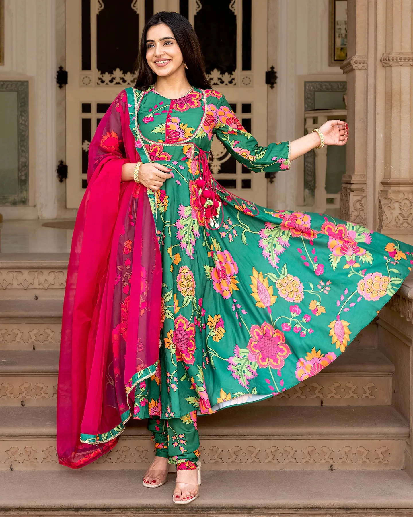 Green Floral Anarkali Suit-set