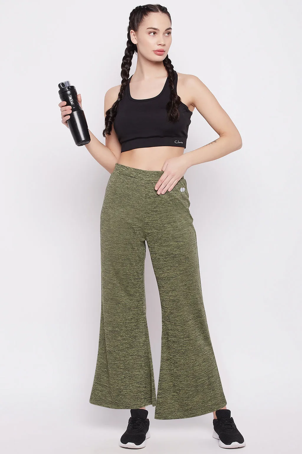 Green Polyester Comfort Fit Flared Active Pants