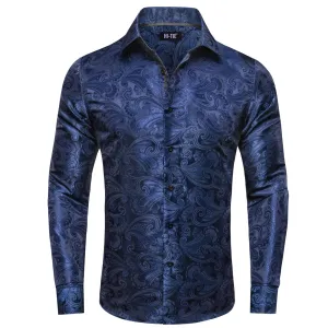 Hi-Tie Dark Midnight Blue Floral Pattern Silk Mens Long Sleeve Shirt