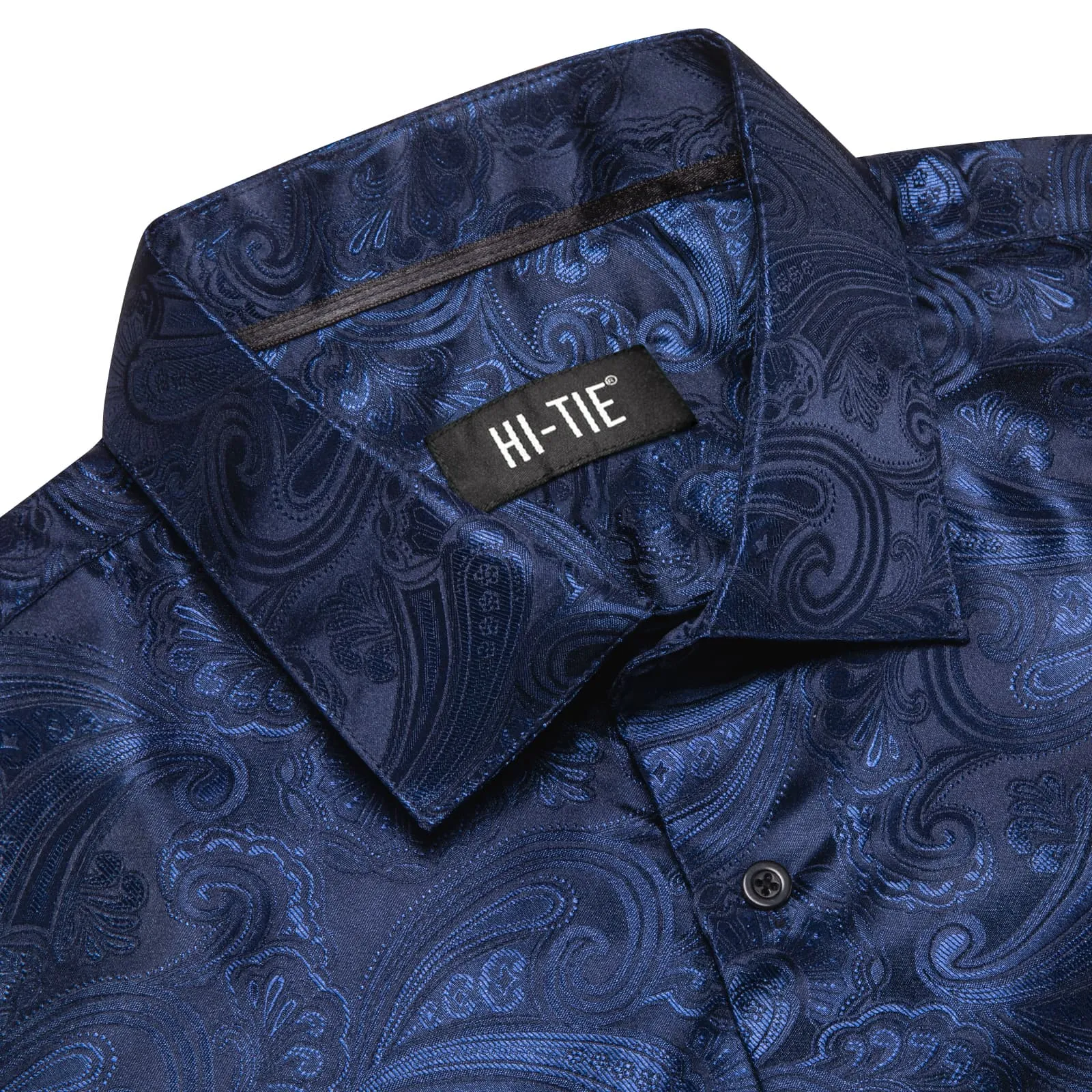 Hi-Tie Dark Midnight Blue Floral Pattern Silk Mens Long Sleeve Shirt