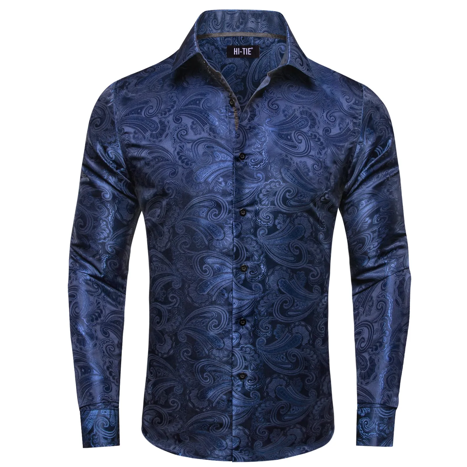 Hi-Tie Dark Midnight Blue Floral Pattern Silk Mens Long Sleeve Shirt