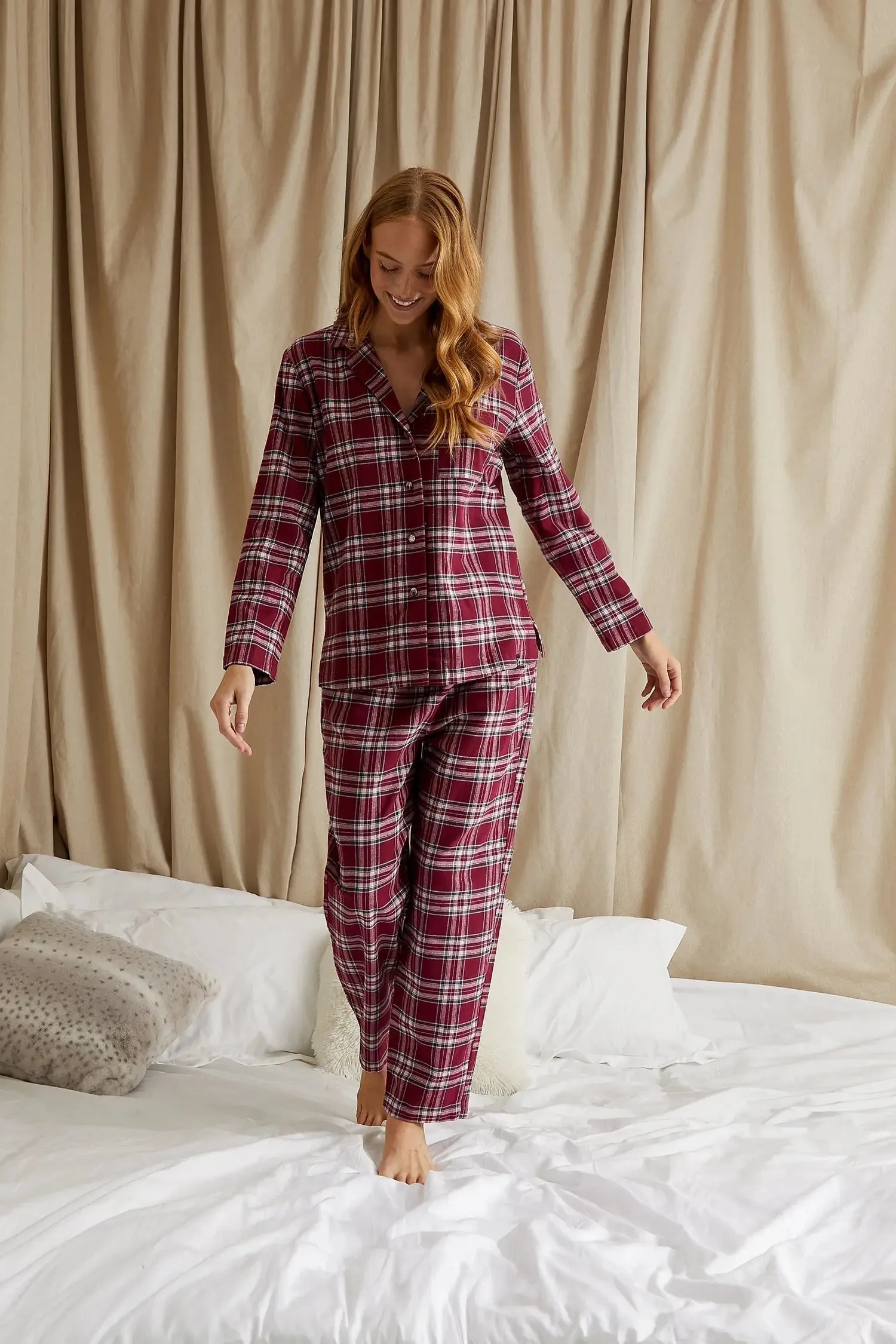 His and Hers Plaid Pyjama Sets in Bordeaux