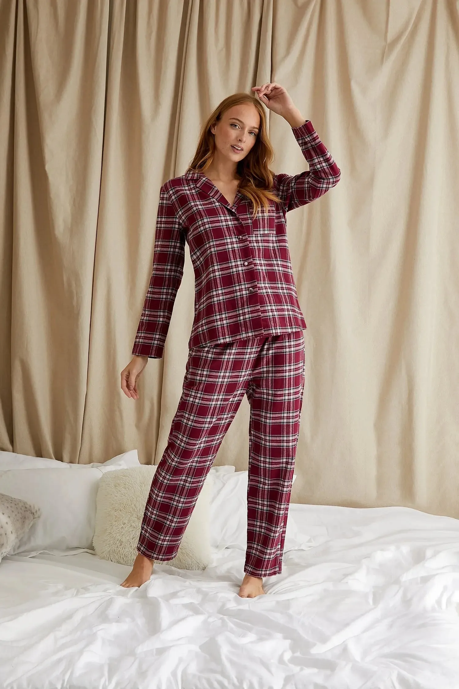 His and Hers Plaid Pyjama Sets in Bordeaux