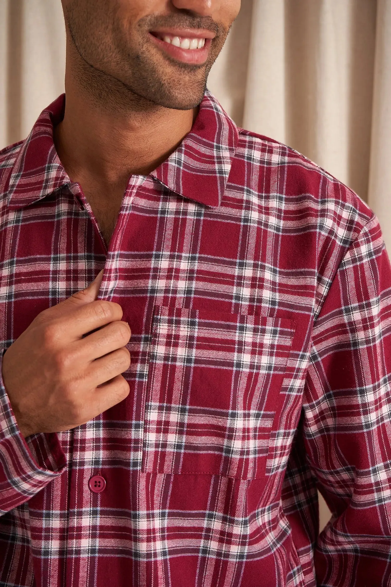 His and Hers Plaid Pyjama Sets in Bordeaux