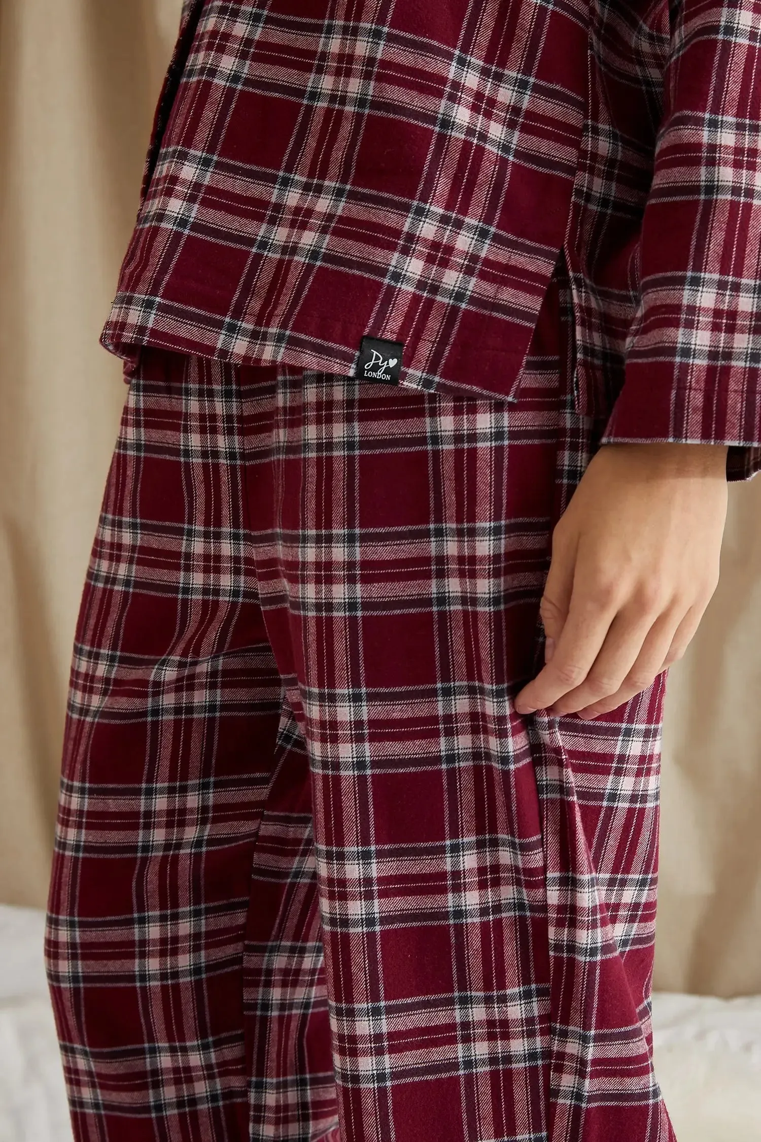 His and Hers Plaid Pyjama Sets in Bordeaux