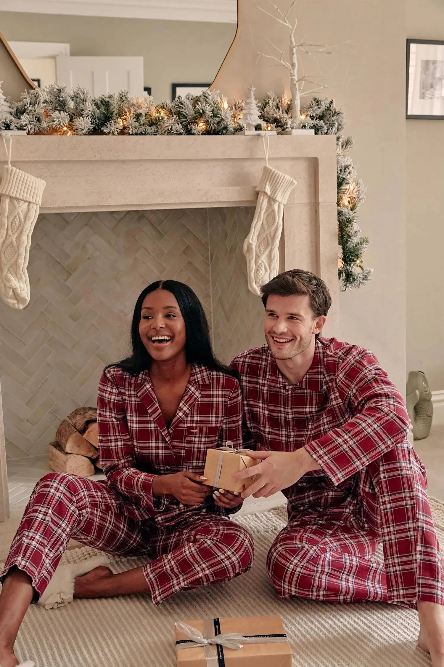 His and Hers Plaid Pyjama Sets in Bordeaux