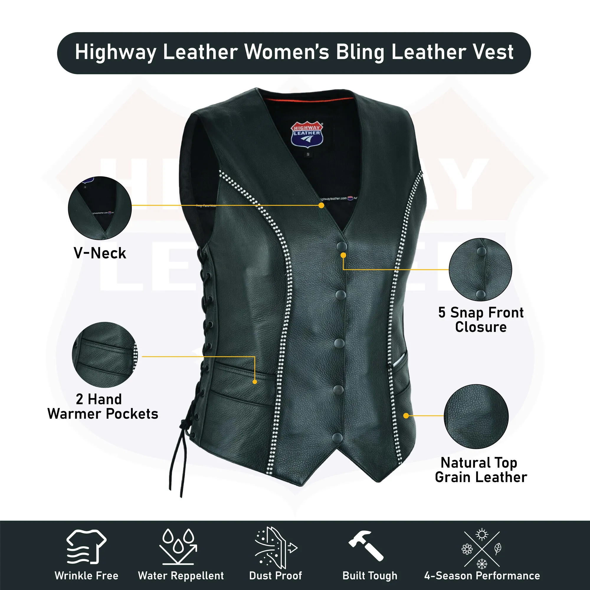 HL14659BLING Women's Bling leather motorcycle vest - Rhinestone detail Gun Pocket, Side Lace, Single Panel back, Snap front Biker