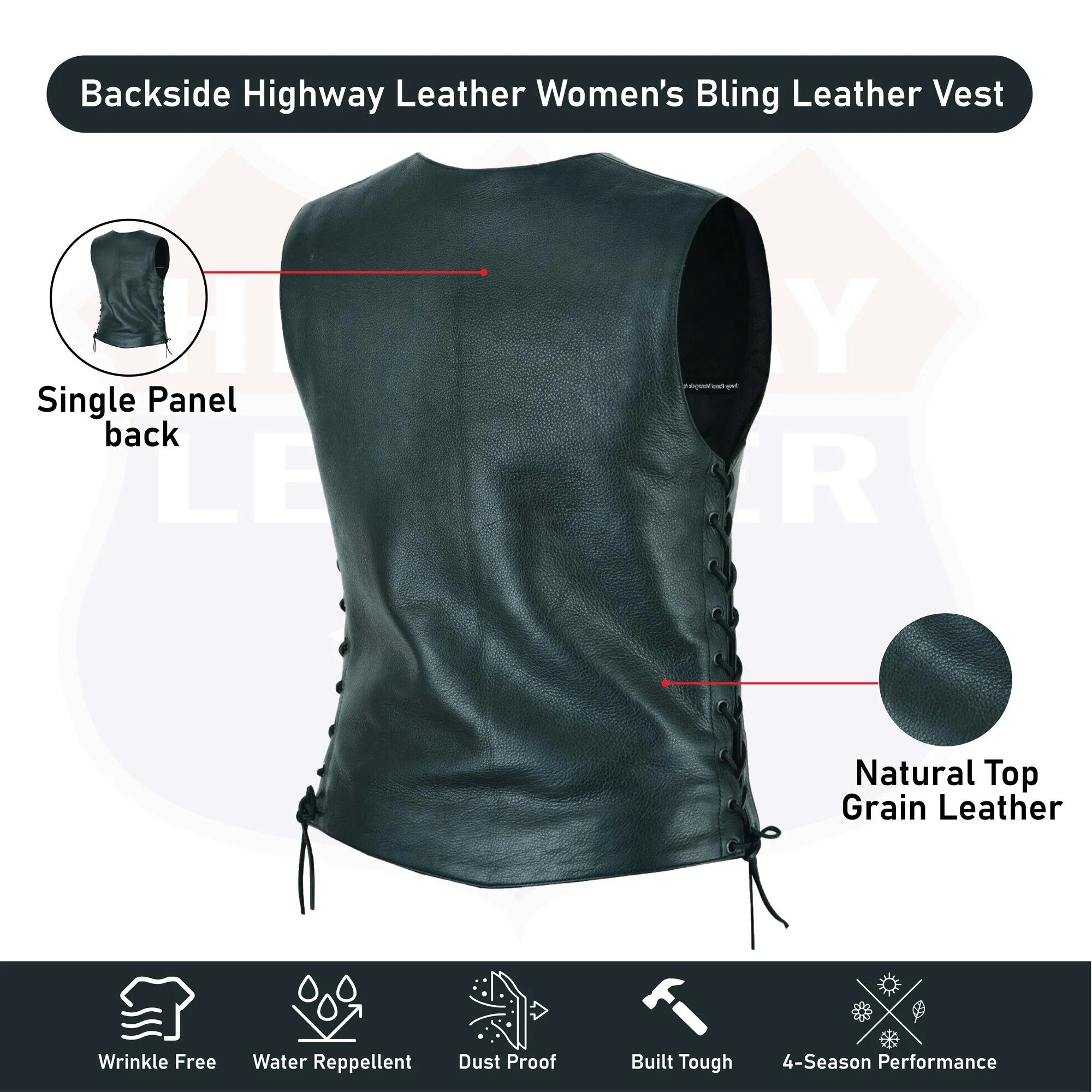 HL14659BLING Women's Bling leather motorcycle vest - Rhinestone detail Gun Pocket, Side Lace, Single Panel back, Snap front Biker