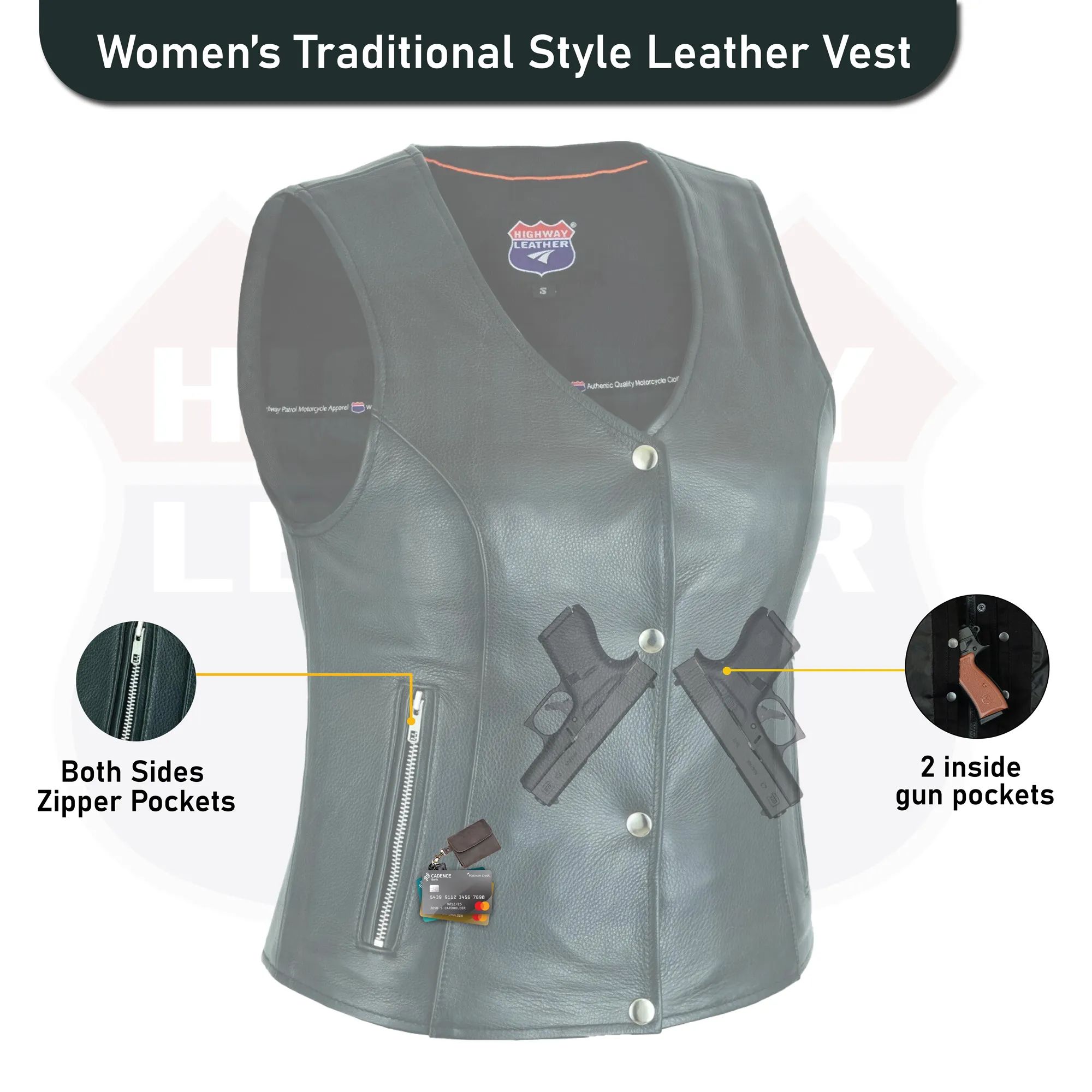 HL14850SPT Plain Black Womens Motorcycle Vest | Motorcycle Vest for Ladies Basic Gun Pocket