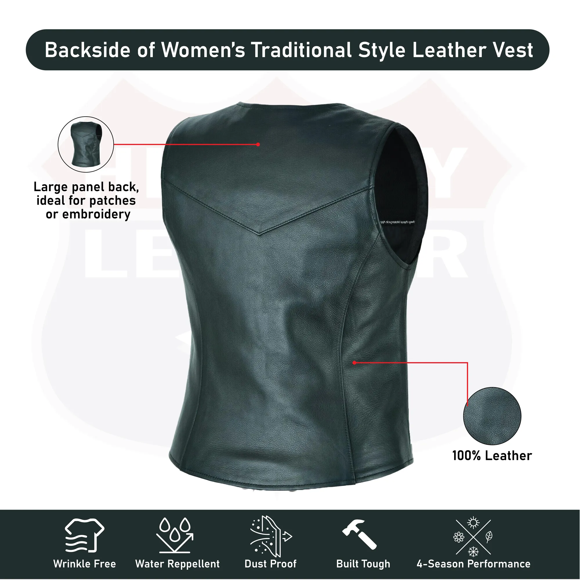 HL14850SPT Plain Black Womens Motorcycle Vest | Motorcycle Vest for Ladies Basic Gun Pocket