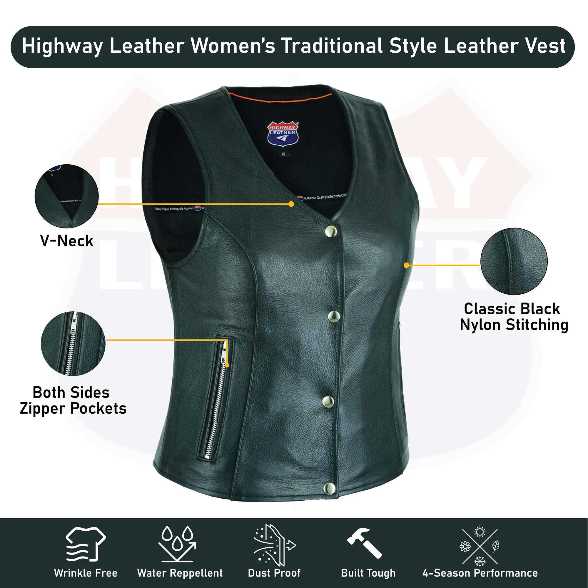 HL14850SPT Plain Black Womens Motorcycle Vest | Motorcycle Vest for Ladies Basic Gun Pocket