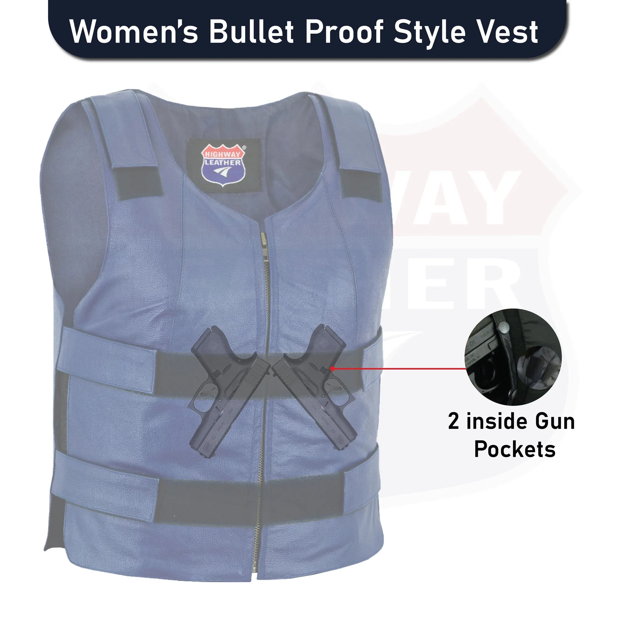 HL14945NV-BLU48 Navy Blue bulletproof Style Motorcycle Club Leather Vest - Women Shade 48