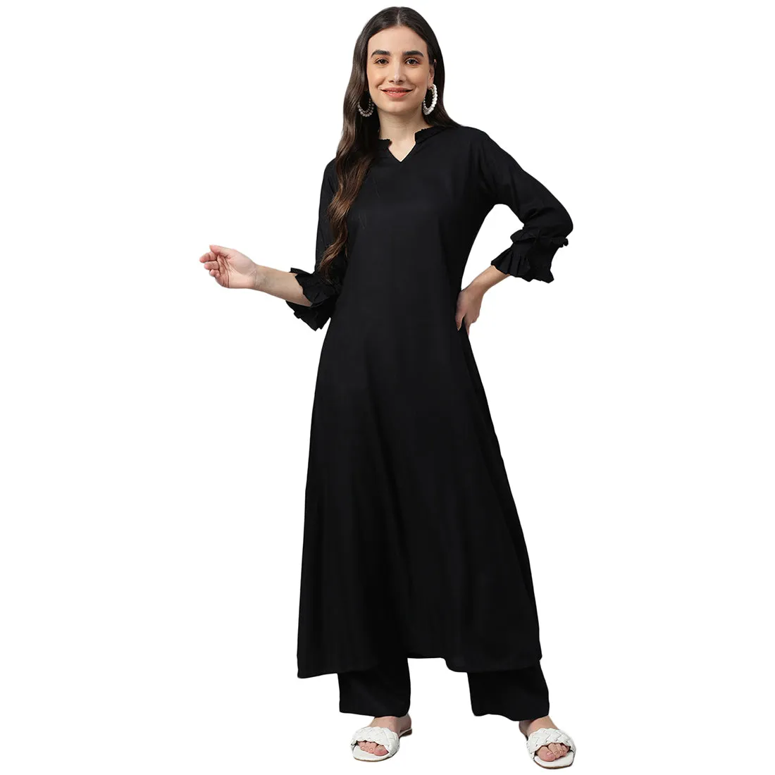 Idalia Black A-line Rayon Kurta With Palazzo Pants