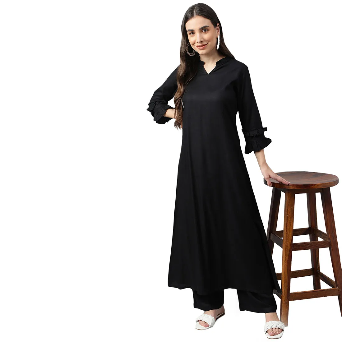 Idalia Black A-line Rayon Kurta With Palazzo Pants