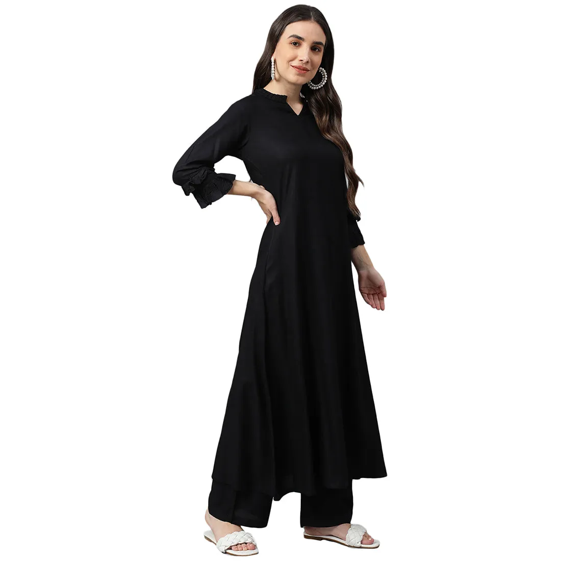 Idalia Black A-line Rayon Kurta With Palazzo Pants