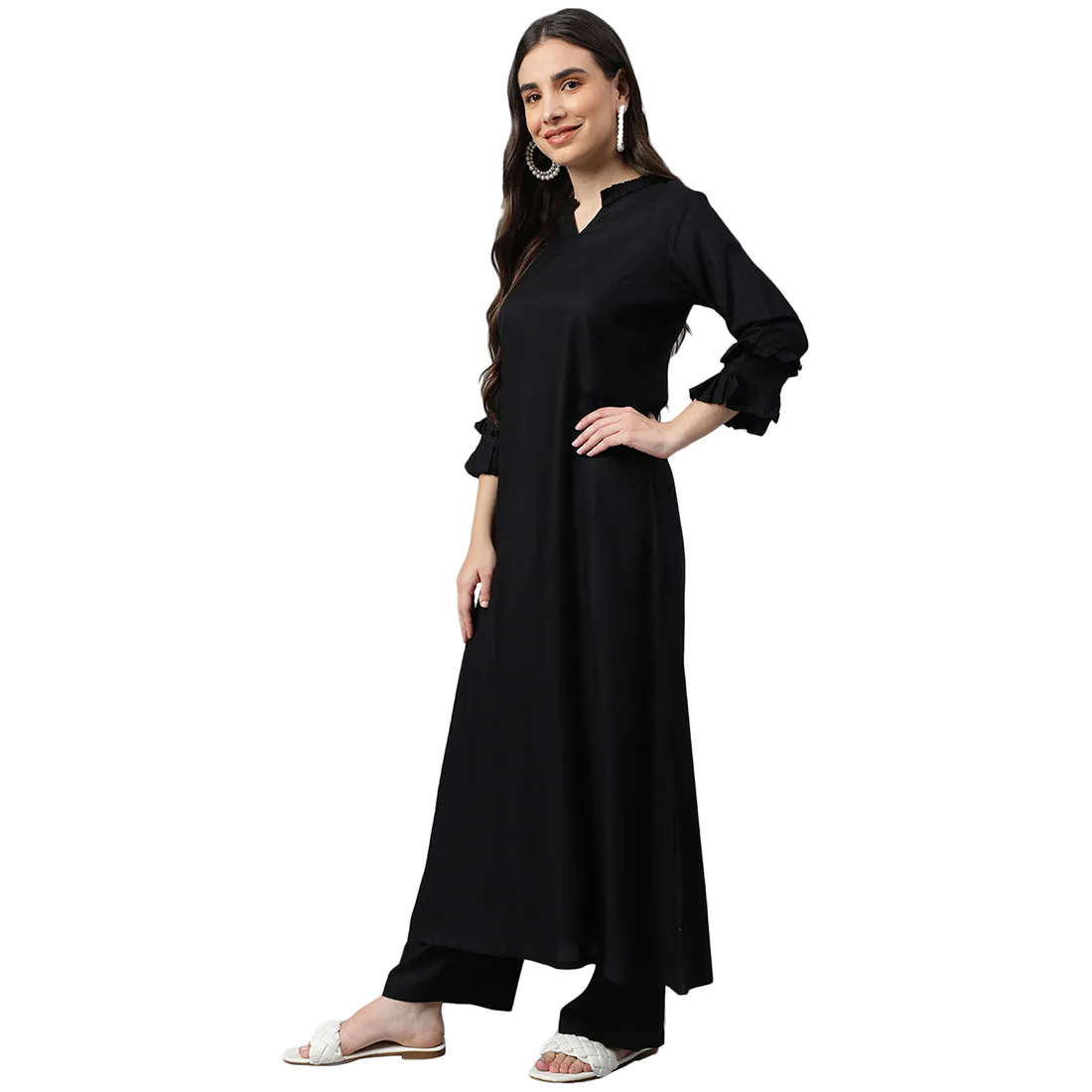 Idalia Black A-line Rayon Kurta With Palazzo Pants