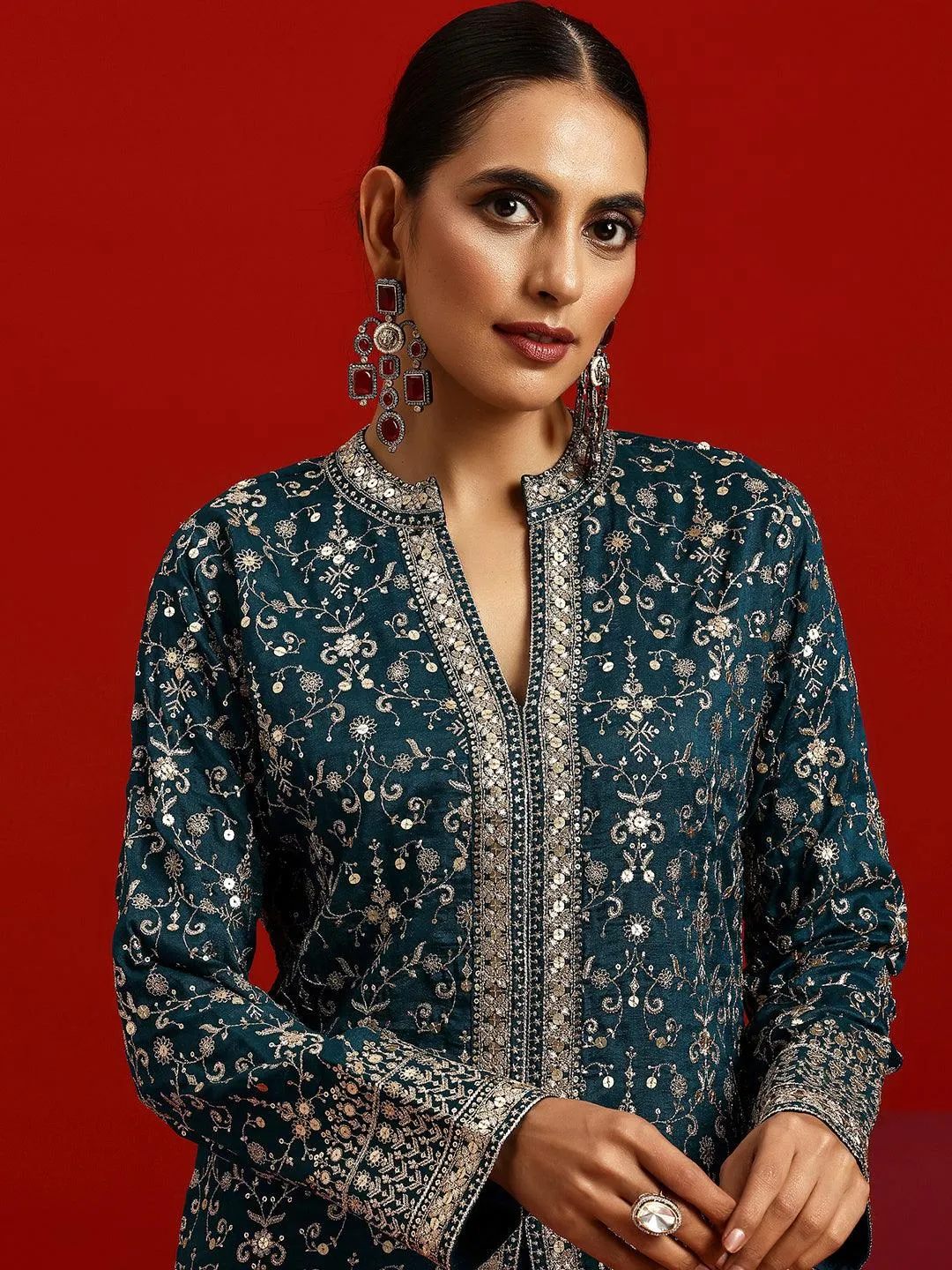 Jashvi Art Teal Embroidered Silk Blend Pakistani Suit