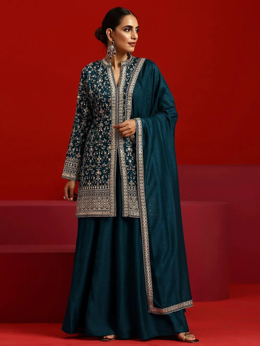 Jashvi Art Teal Embroidered Silk Blend Pakistani Suit