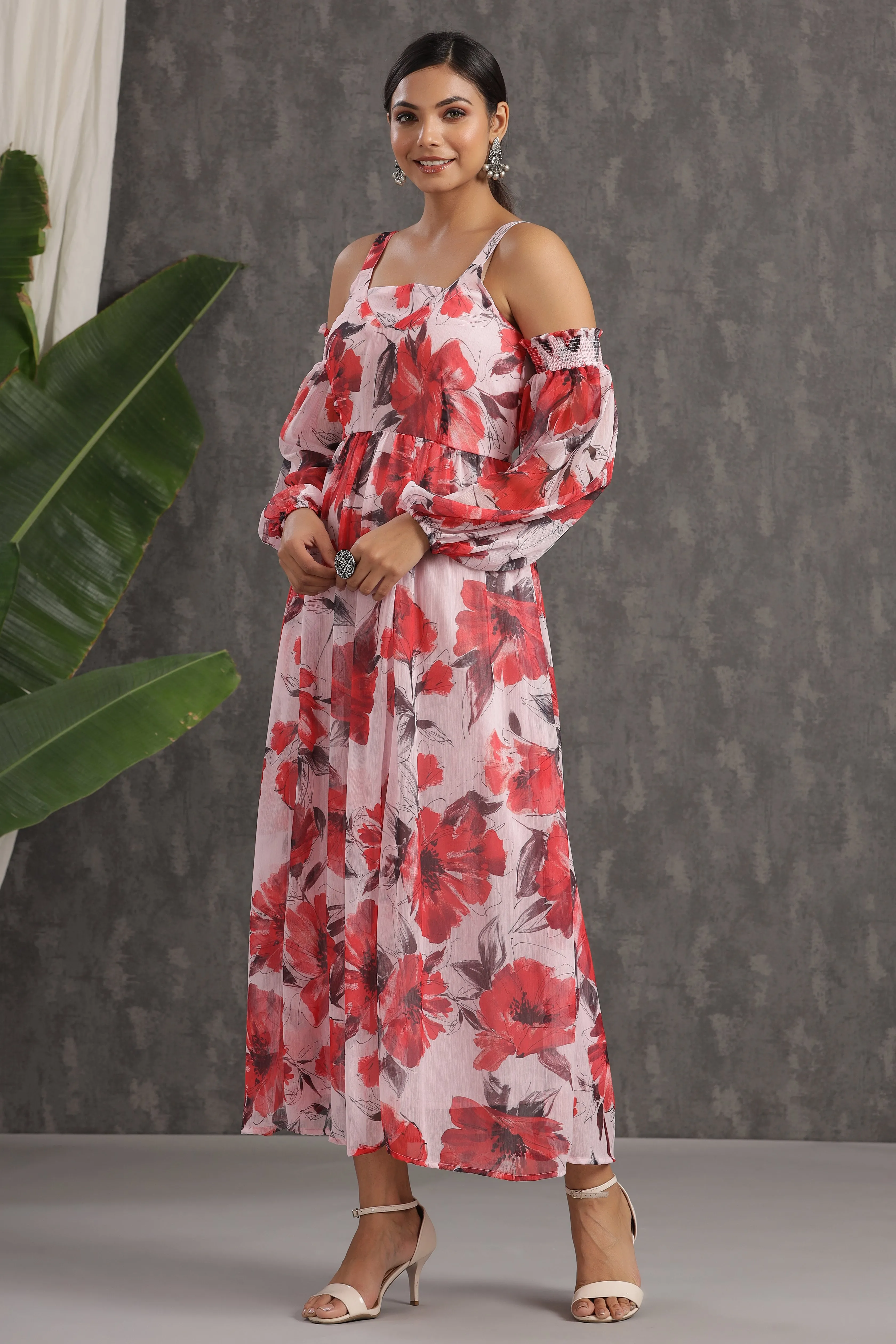 Juniper Light Pink Floral Printed Chiffon Maxi Dress With Adjustable Straps & Cold Shoulder